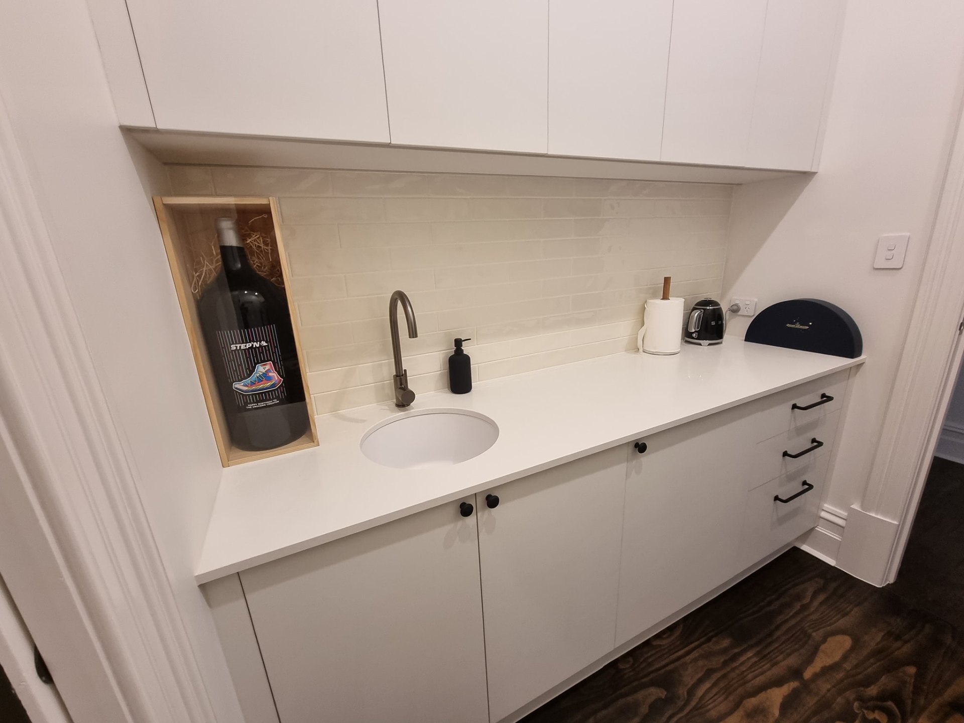 Custom butler's pantry plumbing install with concealed plumbing